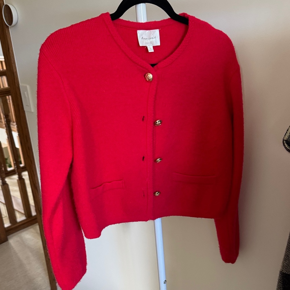 Line & Dot Vibrant Red Cardigan with Gold Buttons